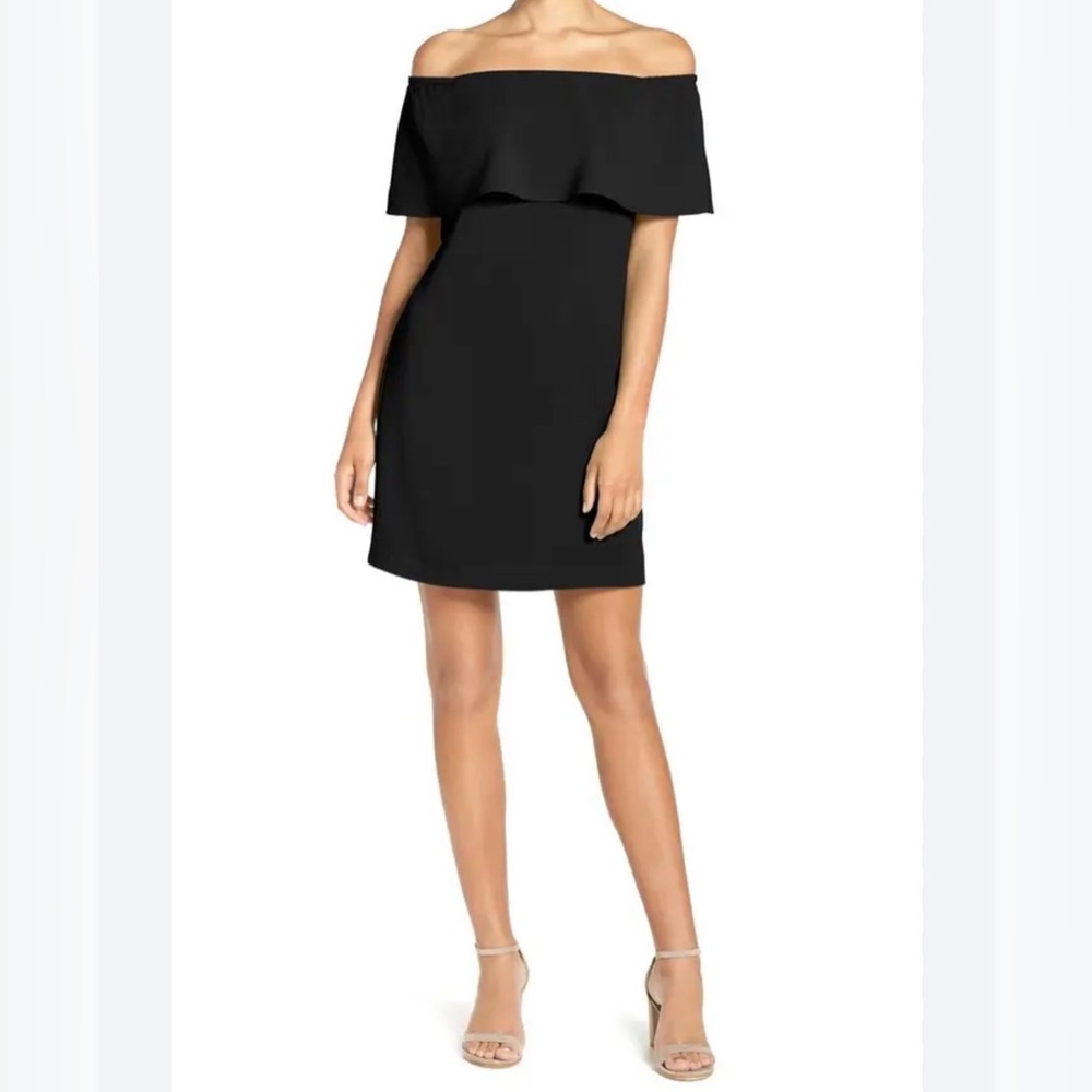 NEW Charles Henry Off the Shoulder Black Crepe Ruffle Top Mini Shift Dress XL